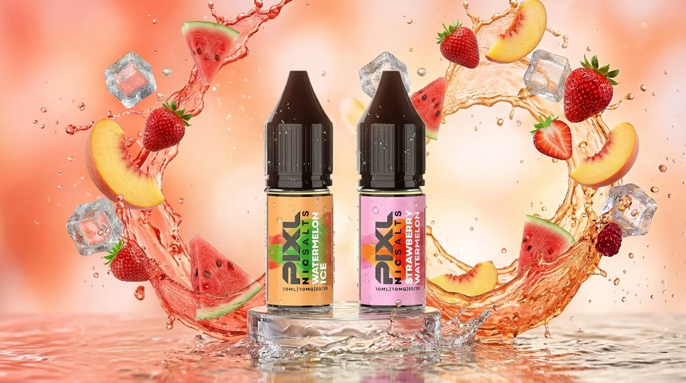 Nic salt e-liquid bottles with watermelon splash